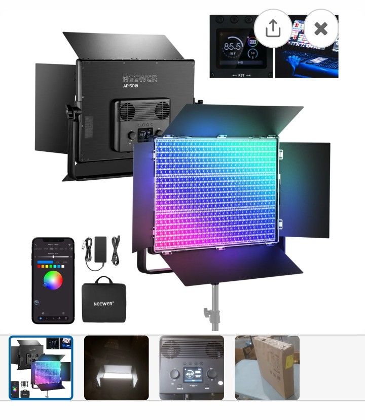 NEEWER AP150C RGB LED Video Light Panel with Barn Doors. The unit is a 150w light source.
This NEEWER 150W RGB LED Video ight Panel with Barn Doors AP