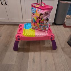 MEGA BOLKS BUILDING TABLE/STORAGE AND BAG OF BLOKS  SEE DESCRIPTION 