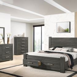 King Sz Grey Wood Bed With Storage, Dresser & Mirror (Free. 2 Nightstands)