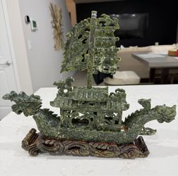 Antique Green Stone Jade exquisite Carved sailboat Dragon Boat Vintage