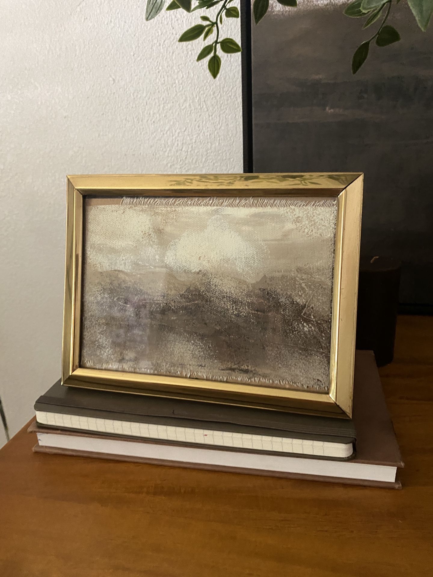 Solid Brass Photo Frame 5x7” w/ Whimsical Landscape Art On Canvas