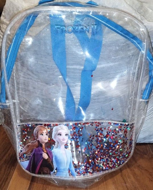 Disney Frozen II Clear Backpack with Sequins & Image of Anna & Elsa on Bottom Half, Gently Used