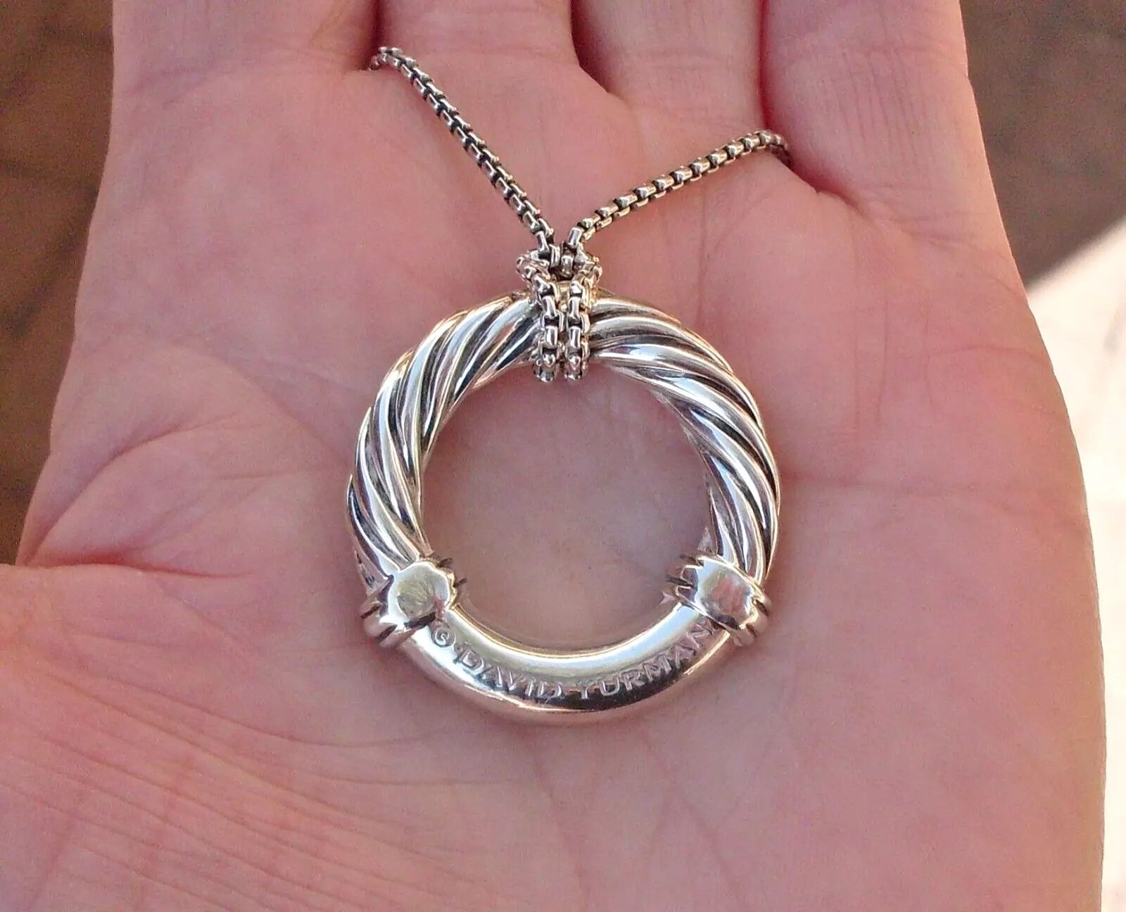 Rare & Retired David Yurman Round Metro Pendant w/Attached DY Chain- 18K/925
