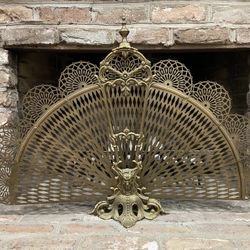 Antique Brass Folding Peacock Fireplace Fan