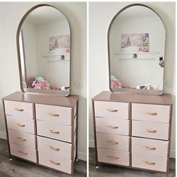 Fabric Storage Dresser With Mirror (ROSE GOLD)