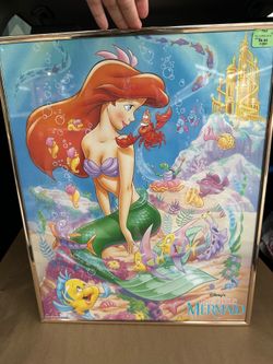 Vintage 1990’s Walt Disney Company - The Little Mermaid Poster Ariel Sebastian Framed 16x20