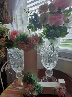 $75.00 - "Bundle Price" Offer!  (2) 14.25" Tall Shannon Crystal New Vases + (2) Faux Pink Roses Bouquets + "L" Shaped Accent Decor - Limited Time Offe