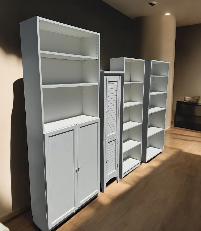 White 7 layer shelf bookcase cabinet $95, bathroom cabinet / pantry cabinet $75, large 5-layer bookcase $75, medium 5-layer bookcase $50