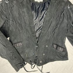 G-III Leather Fashions Black Fringe Leather Vintage Jacket size M