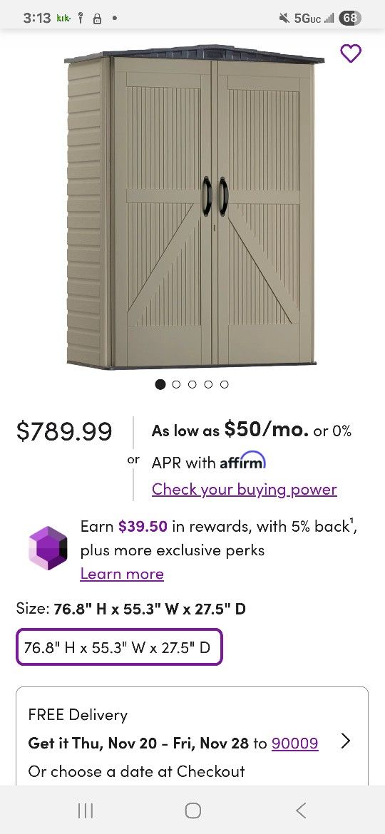 Rubbermaid Vertical Resin Plastic Outdoor Storage Shed 