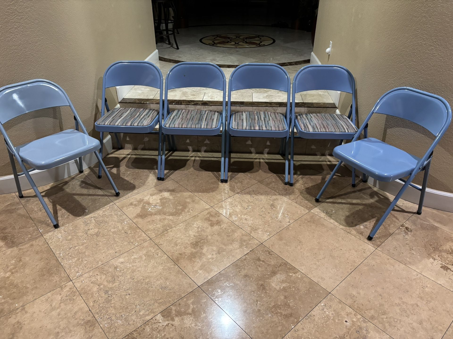 6 Blue Folding Heavy Duty Chairs 4 Padded and 2 None Padded Metal