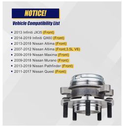 Front Wheel Hub and Bearing Assembly Fit for Nissan Altima 2007-2018, Maxima 2009-2019.  2pack