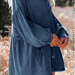 loveimgs Women's Oversized Distressed Denim Button Down Tunic Shirt Dress with Pockets