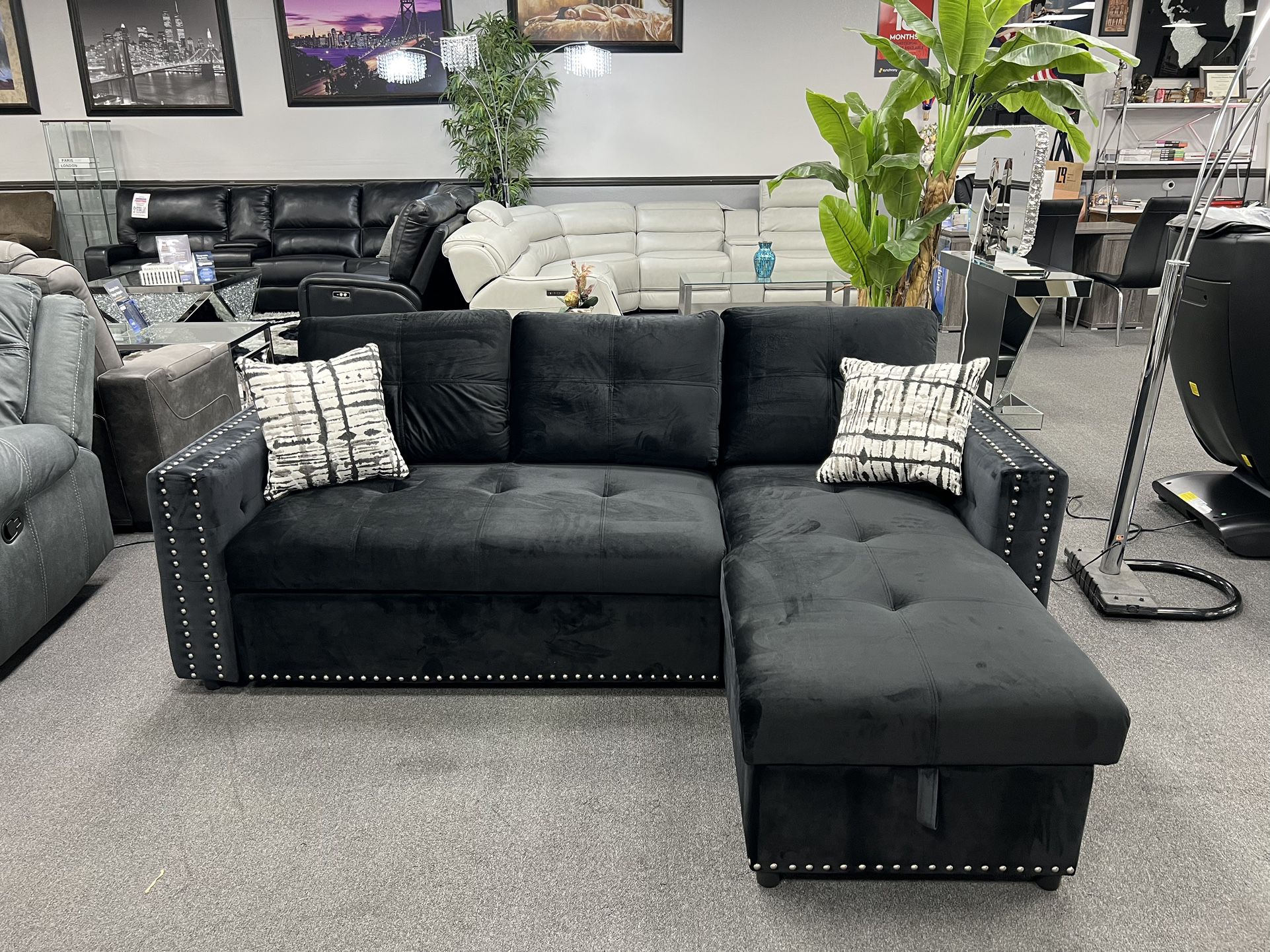 Black Velvet Sofa Sectional w/ Pull- Out Sleeper & Storage In Chaise 