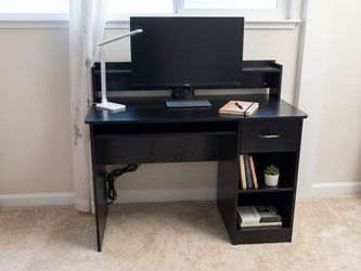 Modern Black Compact Desk with Storage and Integrated Cable Management