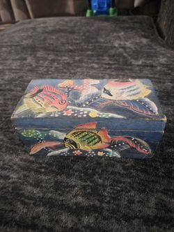 VTG Hand Carved & Painted Wooden Trinket Box Blue Pastel Fish