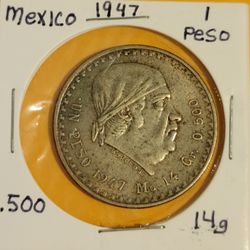 1947 Mexico 1 Peso Silver Coin Jose Morelos