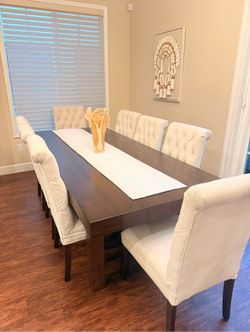 Solid Wood Dining Table with 8 Upholstered Tufted Chairs – $799