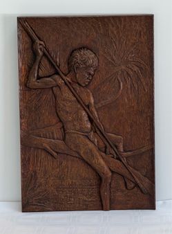 1960s Australian Aborigine Spearman High-Relief Hand-Carved "Storyboard"  | Vintage Australian Folk Art Wall Wood Plaque Sculpture North Australia