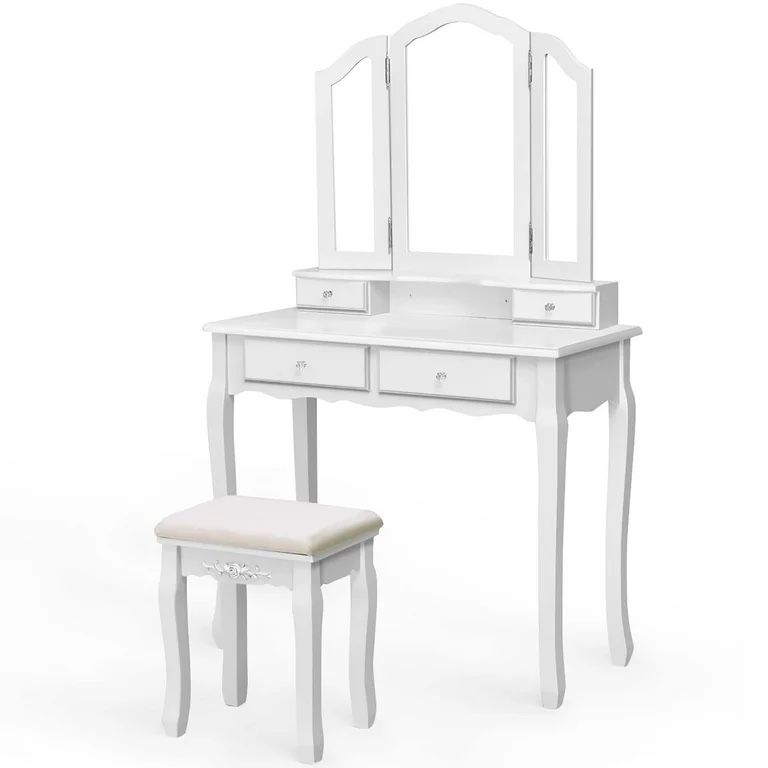 Vanity Set with Folding Mirror and 4 Drawers, Makeup Dressing Table with Cushioned Stool for Girls and Women, White
