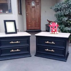 2 Nightstands- Each 2 Drawers- Solid Wood - Black With Gold And Beige Stone Tops