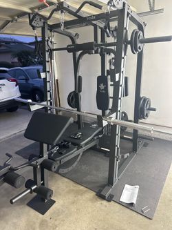 Vesta Fitness Smith Machine 2001 w/Bench Attachment | 230lb Bumpers Weights | 7ft Olympic Bar | Fitness | Gym Equipment | FREE DELIVERY & INSTALL🚚
