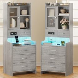 Brand new Grey tall shef Nightstand Set of 2 with Charging Station, LED Night Stand for Bedroom 