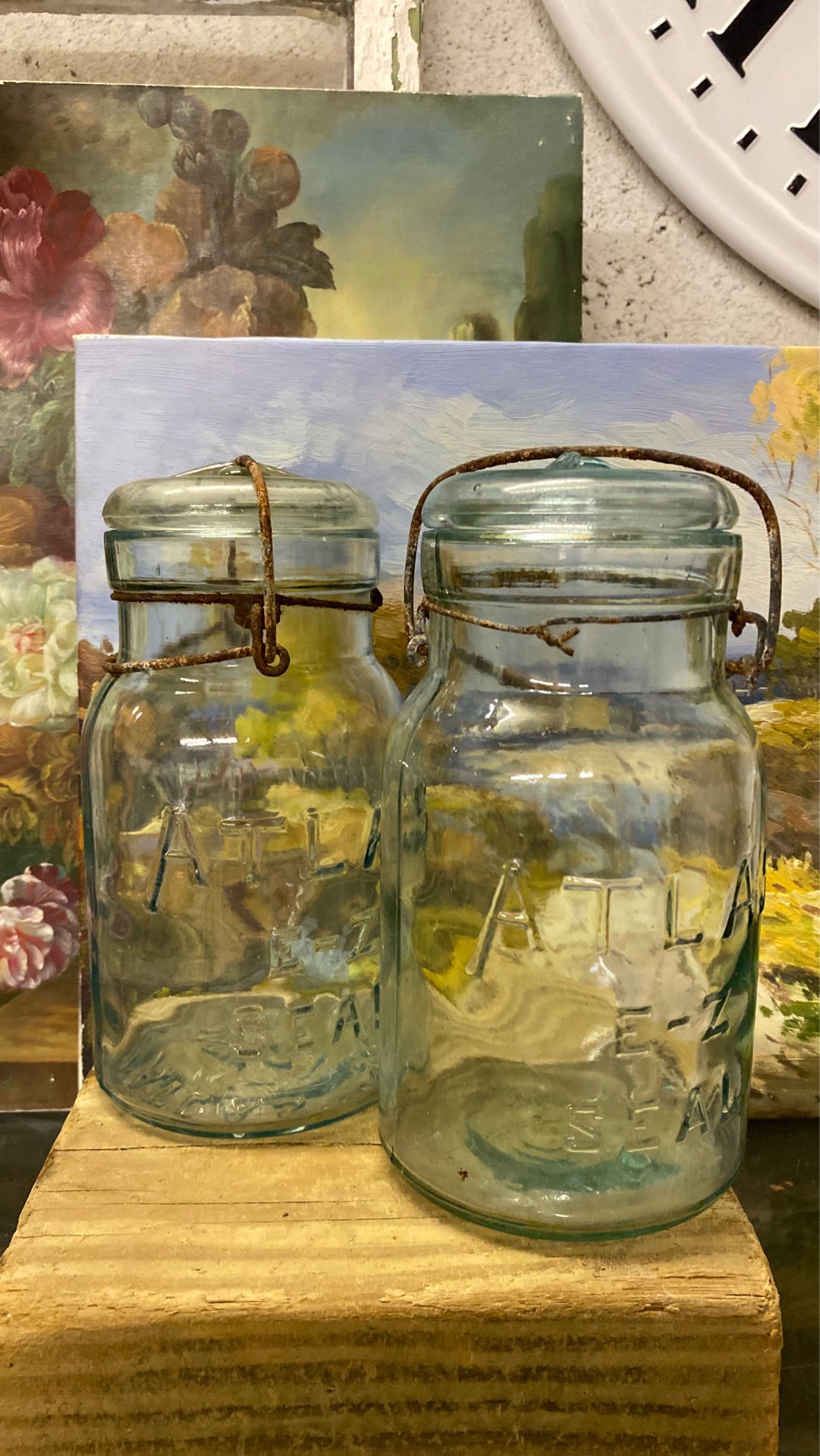 2 vintage glass Atlas jars,clear light blue tint glass containers,8 x 4”, rustic decor,storage