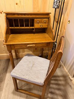 Oak Roll Top Secretary Desk with Chair