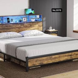 Queen Bed Frame with LED Lights Headboard, Metal Platform Bed with Outlets and USB Ports, LED Bed Frame with Storage Headboard, Vintage Brown