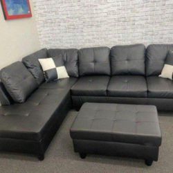 Black Leather Sectional Sofa With Storage Ottoman