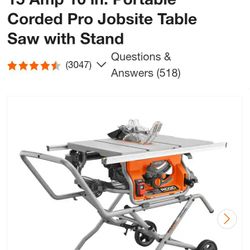 10" 15 Amp Portable Ridgid Table Saw With Stand