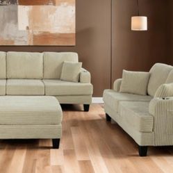 Brand New Beige Sofa & Loveseat w Storage Ottoman 