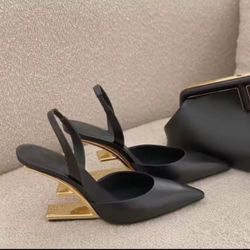 Leather Sling Backs Gold Heels