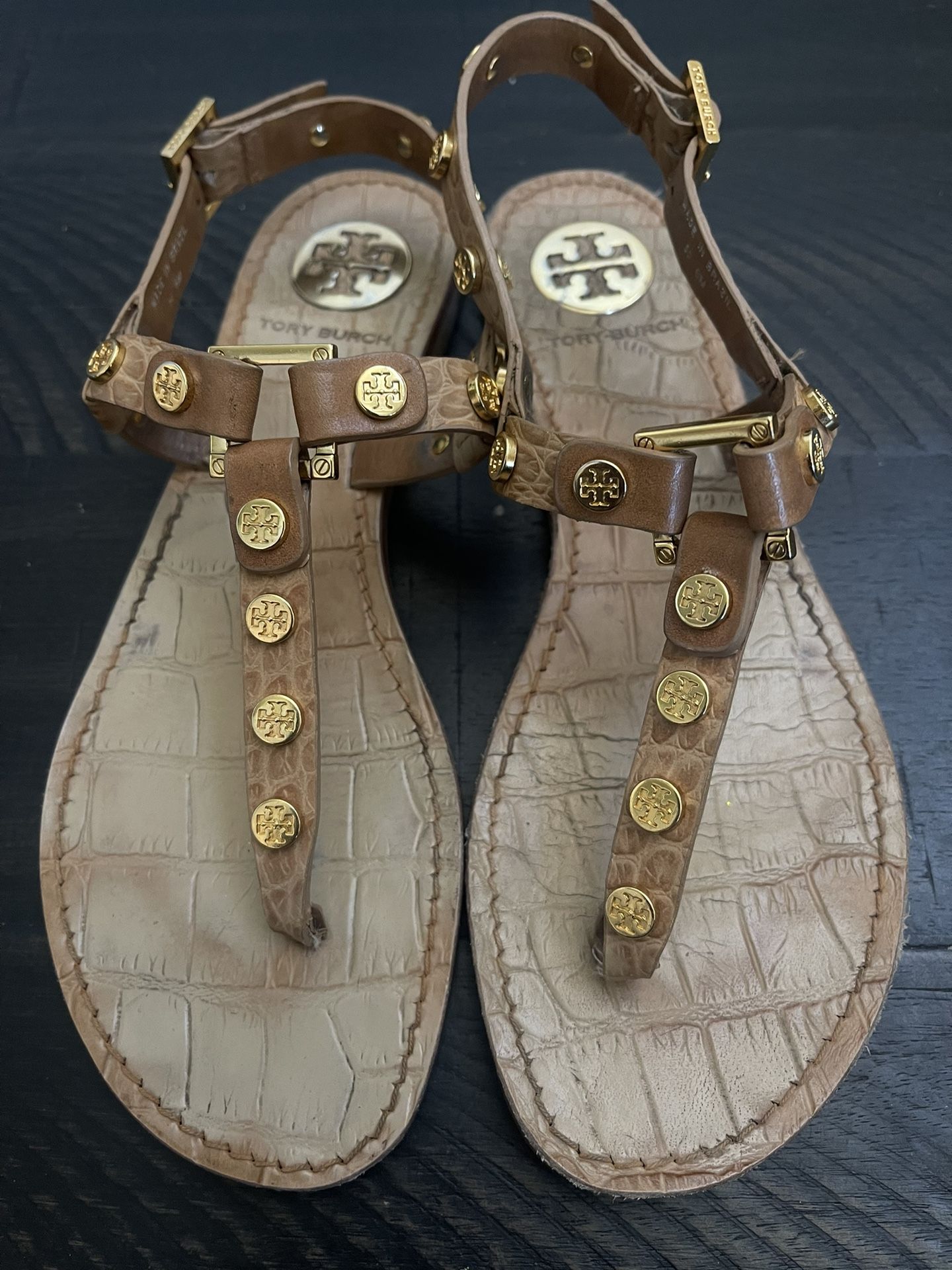 Size 6 Tory Burch MARGE SANDALS Leather Sling back Flats GOLD LOGO