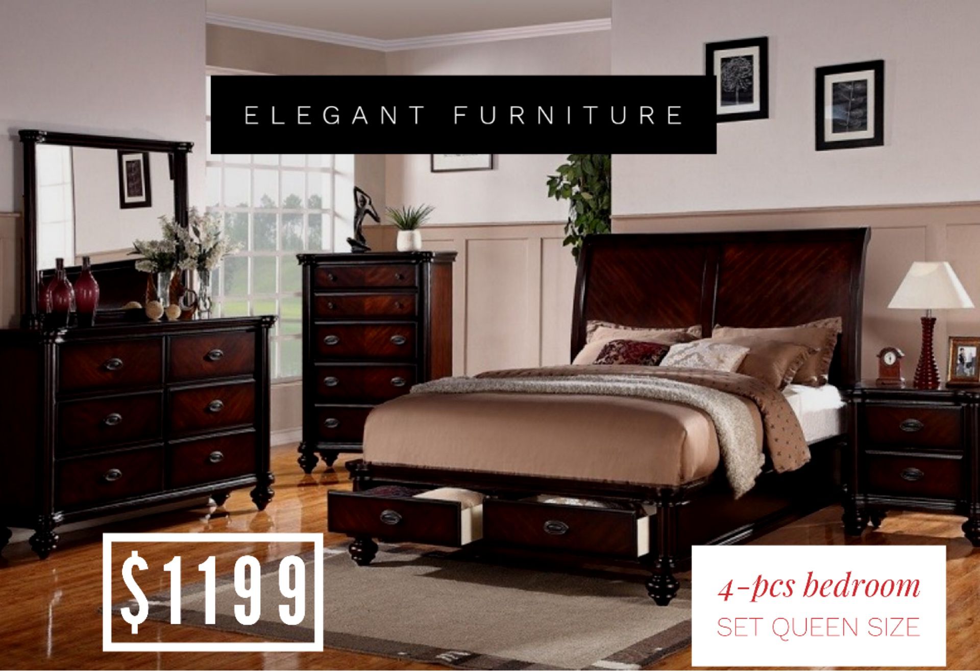 4pc Queen Bedroom Set- Recamara Queen de 4pc @Elegant Furniture