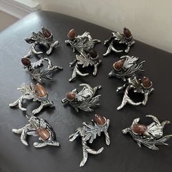 12 Pewter Napkin Ring Holders with Wood Acorn