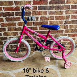 Good Condition Girls 16” Bike With Training Wheels 