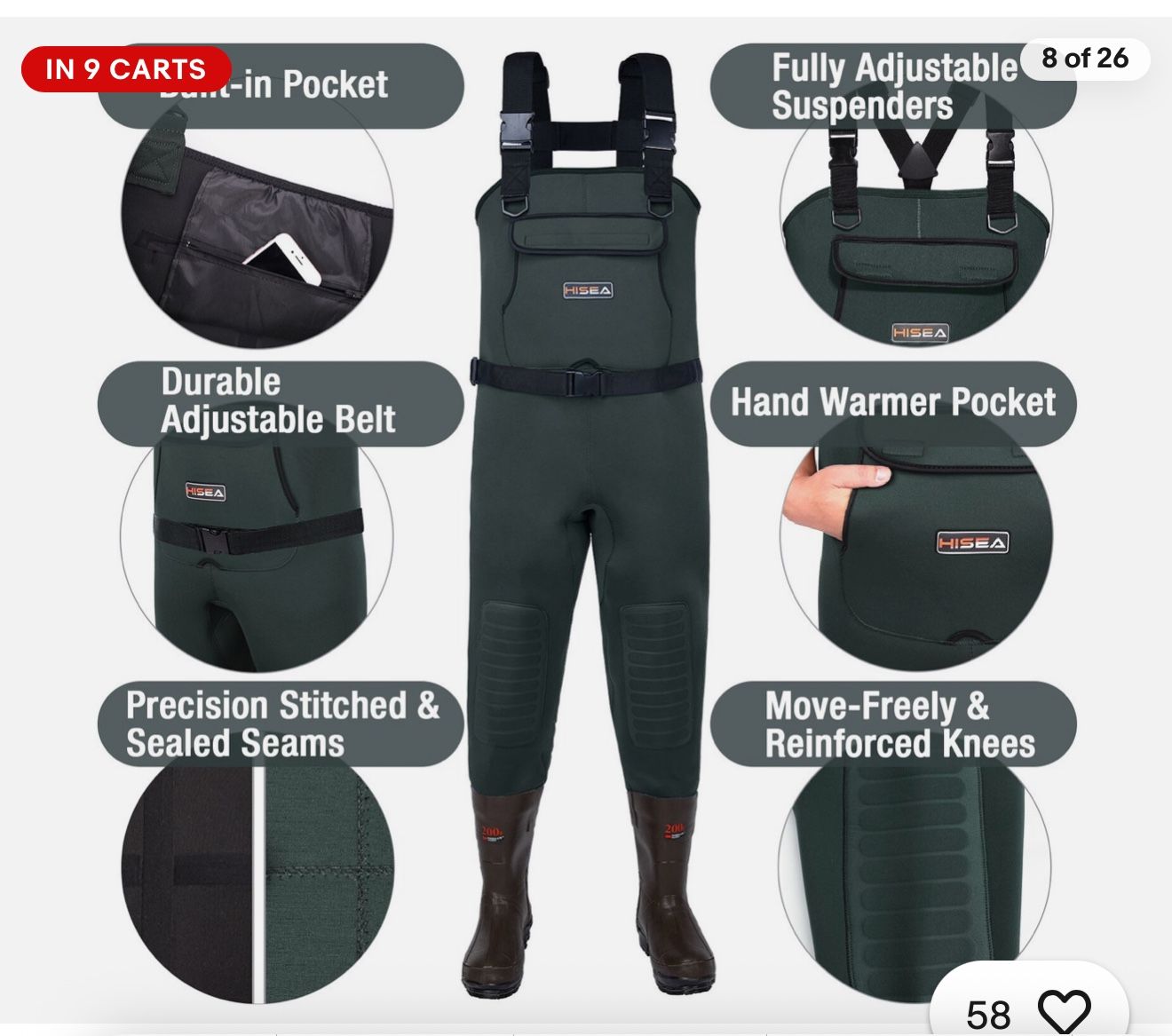HISEA Unisex Neoprene Fishing Waders 200G Insulated Cleated Bootfoot Chest Wader