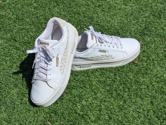 Puma White & Gold Floral Laser Cut Platform Sneakers Women's Size 9 Clean VGC