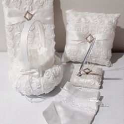 White Satin Rose Wedding Accessory Set