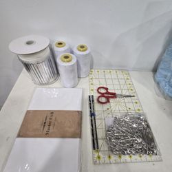 Sewing Bundle: Sewing Thread, Cotton Fabric, Elastic String, Scissors, Safety Pins, Sewing Ruler
