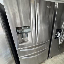 Whirlpool refrigerator french 4 door stainless steel with waterand ice dispenser stainless steel. Dimensions: 68 7/8” height, 35 7/8” width, 32” depth