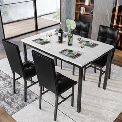 Marble Texture Rectangular Dining Table Set with 4 Upholstered Chairs, Modern Kitchen Dining Furniture for 4 People