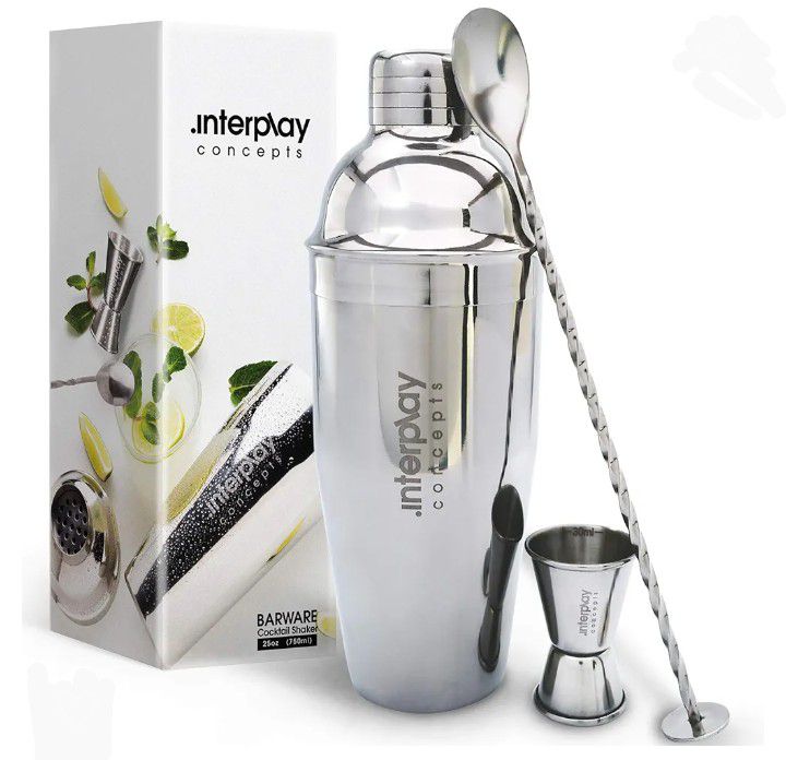New Interplay Concepts 25oz Cocktail Shaker - Large Drink Shaker for Perfect Drinks - Stainless Steel Martini Shaker with Built in Strainer, Jigger 
