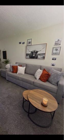 COUCH IN PERFECT CONDITION + AUTUMIN TO THE LEFT OF THE COUCH IN PHOTOS.