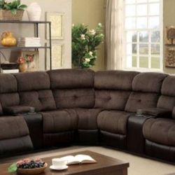 Brand New Brown And Black Sectional Reclining Sofa With Cup Holders 