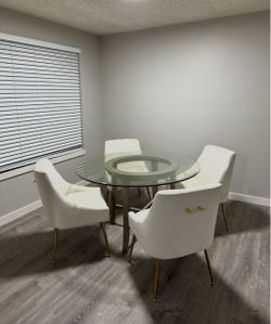 Crate & Barrel Glass Dining Table + 4 Wayfair Chairs