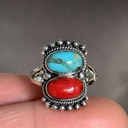 Red Carnelian & Turquoise Ring  925 sterling silver (size 7 ) 