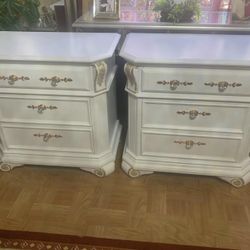 Glam Style Wooden Nightstands Set Has Been Refurbished Colors White And Gold Metallic Set Looks Like New 